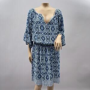 Michael Stars Dress Women 1X Avery Split Neck Woven Blue Moroccan Peasant NEW
